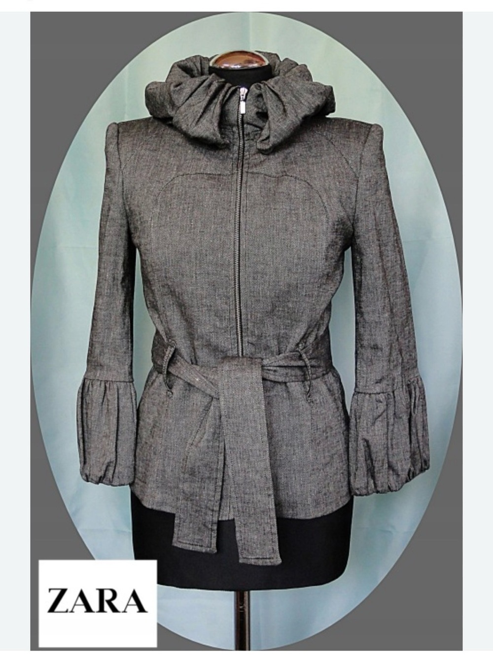 Zara made in moroco Charcoal Gray Ruffle-Neck Belted jacket zip belted small